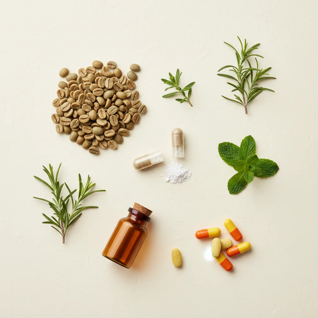 Natürliche Zutaten: Grüne Kaffeebohnen, L-Carnitin, B-Vitamine - Flat Lay auf cremefarbenem Untergrund
