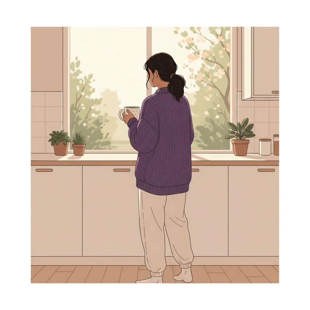 Anonyme Person von hinten an einem Küchenfenster mit Kaffeetasse in der Hand - Morgenritual